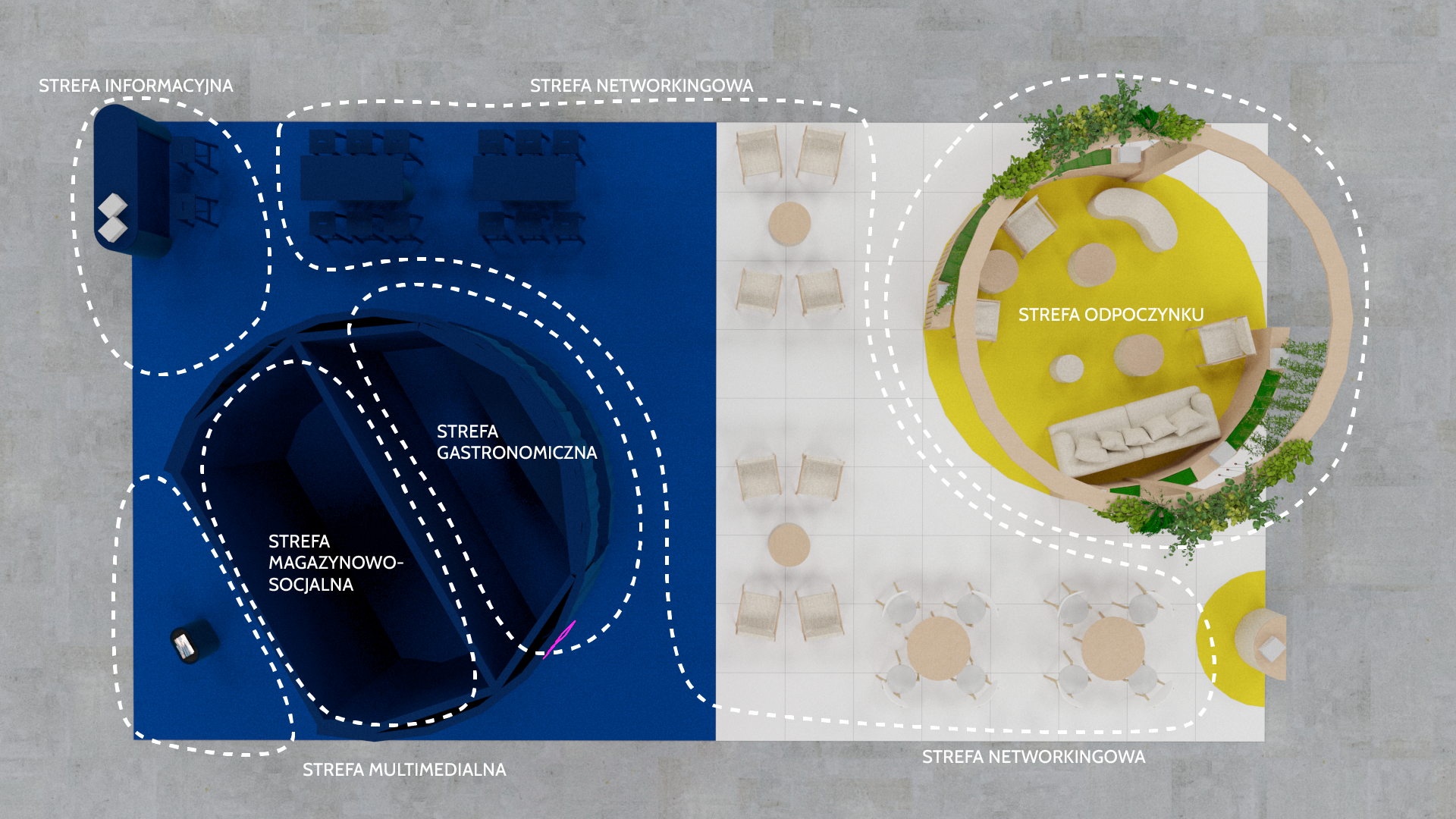 Top view of the stand, functional layout and division into zones.