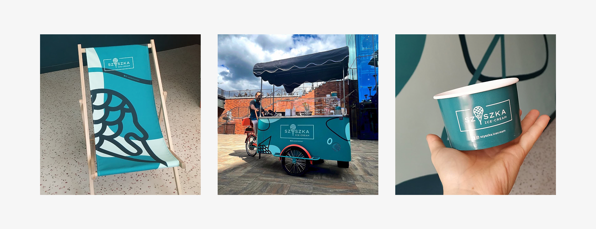 A collection of images of a graphic theme application. A deckchair, a bicycle with a food cart, an ice cream cup.